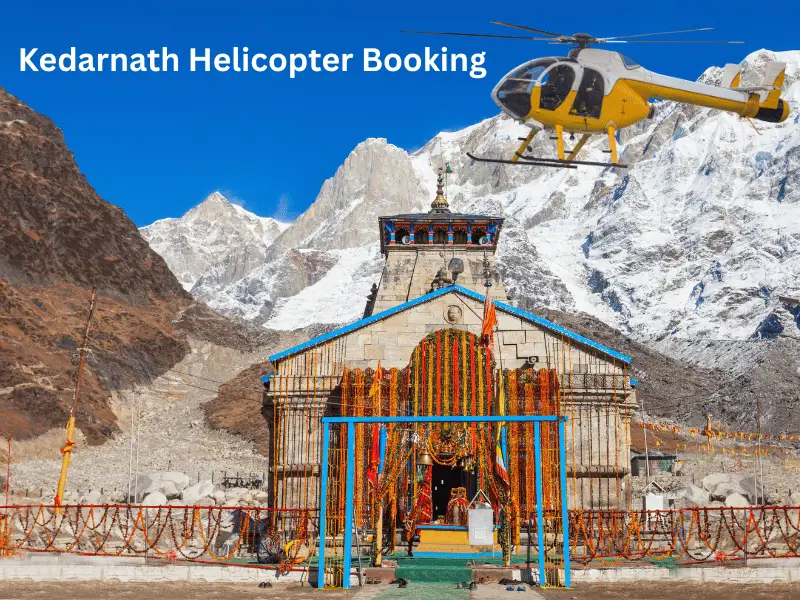 a view of kedarnath temple in the background written Kedarnath Helicopter Booking Services 